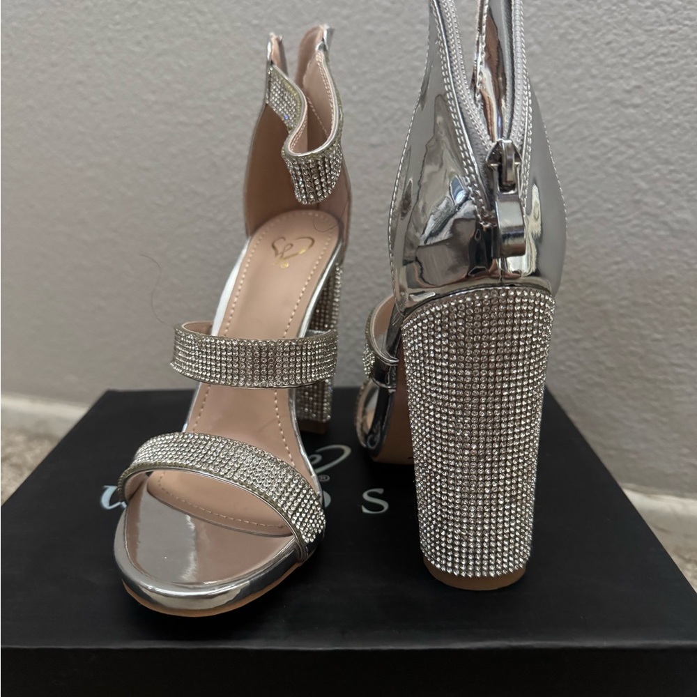 Windsor Silver Rhinestone Block Heel Sandals